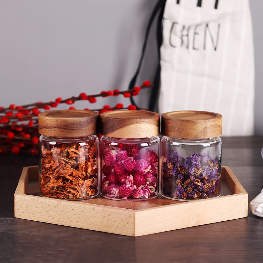 3 Packs Glass Food Storage Jars with Screw Airtight Seal Acacia Wood Lids, Spice Jars with Lids, Organization for Jars