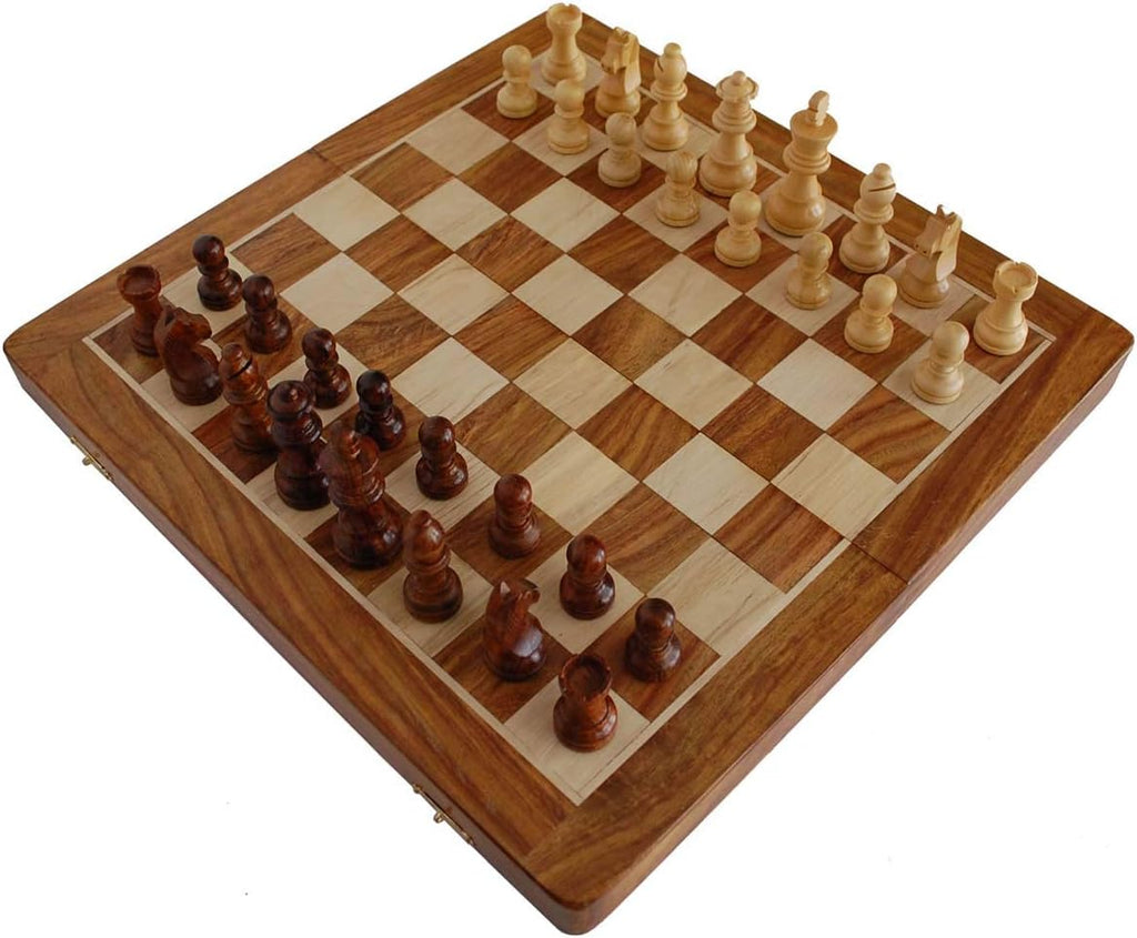 Magnetic Travel Chess Board Set - Classic Wood Staunton 7 X 7 Inch Pocket Chess Set with Folding Game Board Handmade