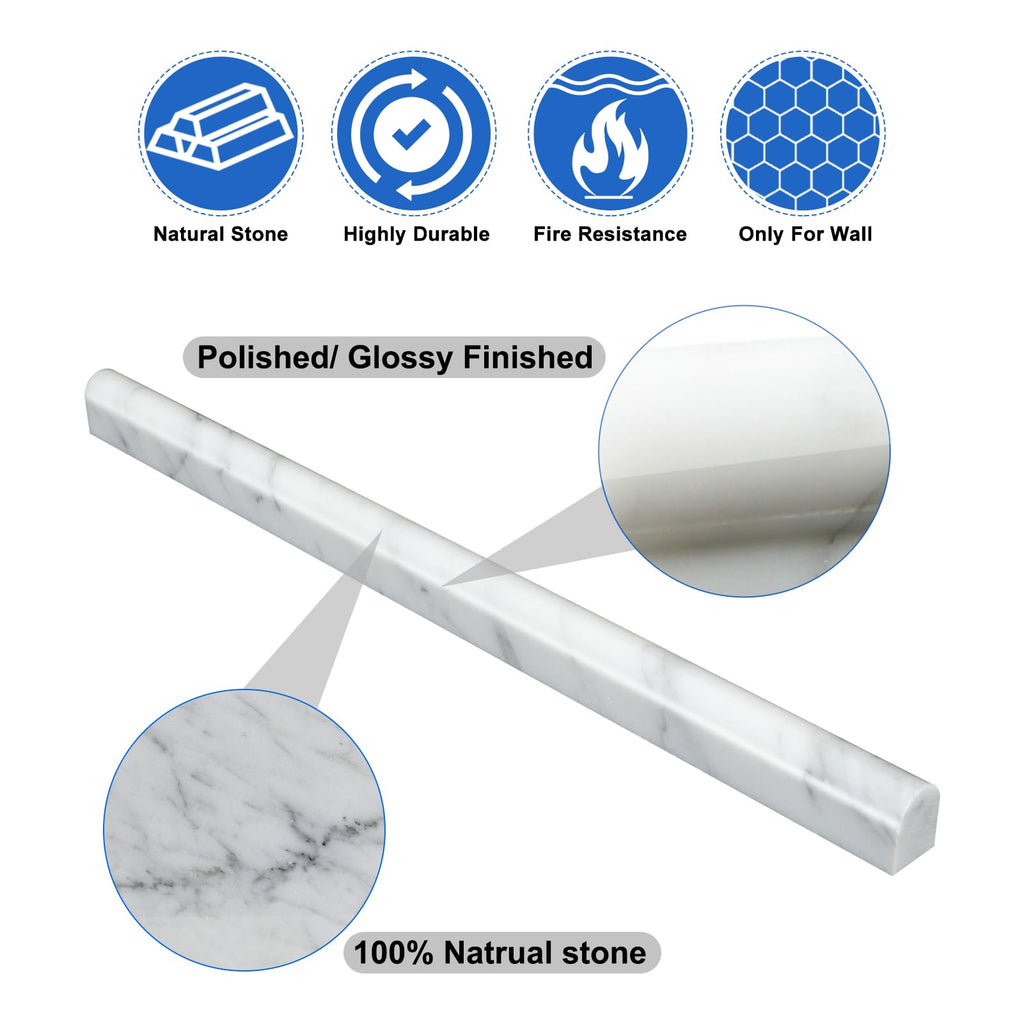 Carrara White 12 Pack of 3/5''x12'' Marble Pencil Liner Tile, Edge Trim Molding for Shower, Polished Bullnose Tile
