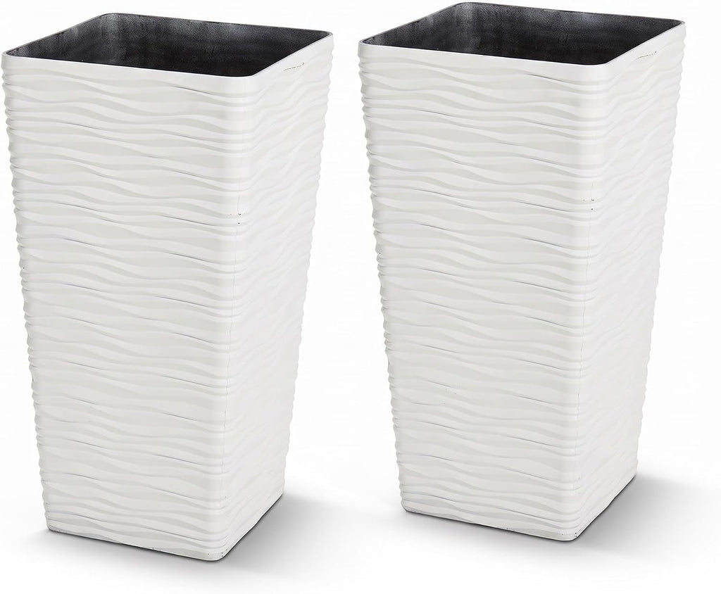 22" Tall Planters Set of 2 - White Square Plant Pots with Drainage Hole - Modern Large Tapered Matte Wavy Tree Flower