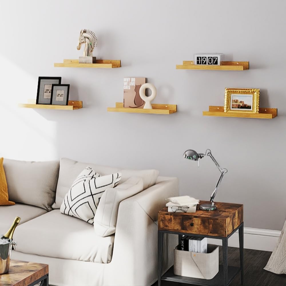 5-Set Floating Shelves with Lip, Oak Wall Mounted Wood Shelf