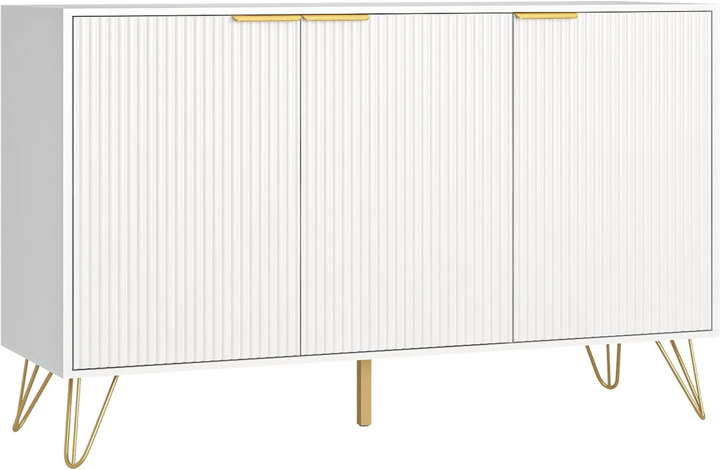 Storage Cabinet with 3 Fluted Doors and Adjustable Shelves, White丨Modern Wood Accent Table, Sideboard Buffet Cabinet