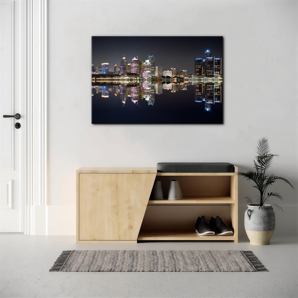 Framed Canvas Print Wall Decor Detroit Cityscape City Photography Realism Contemporary Black and White Michigan Night