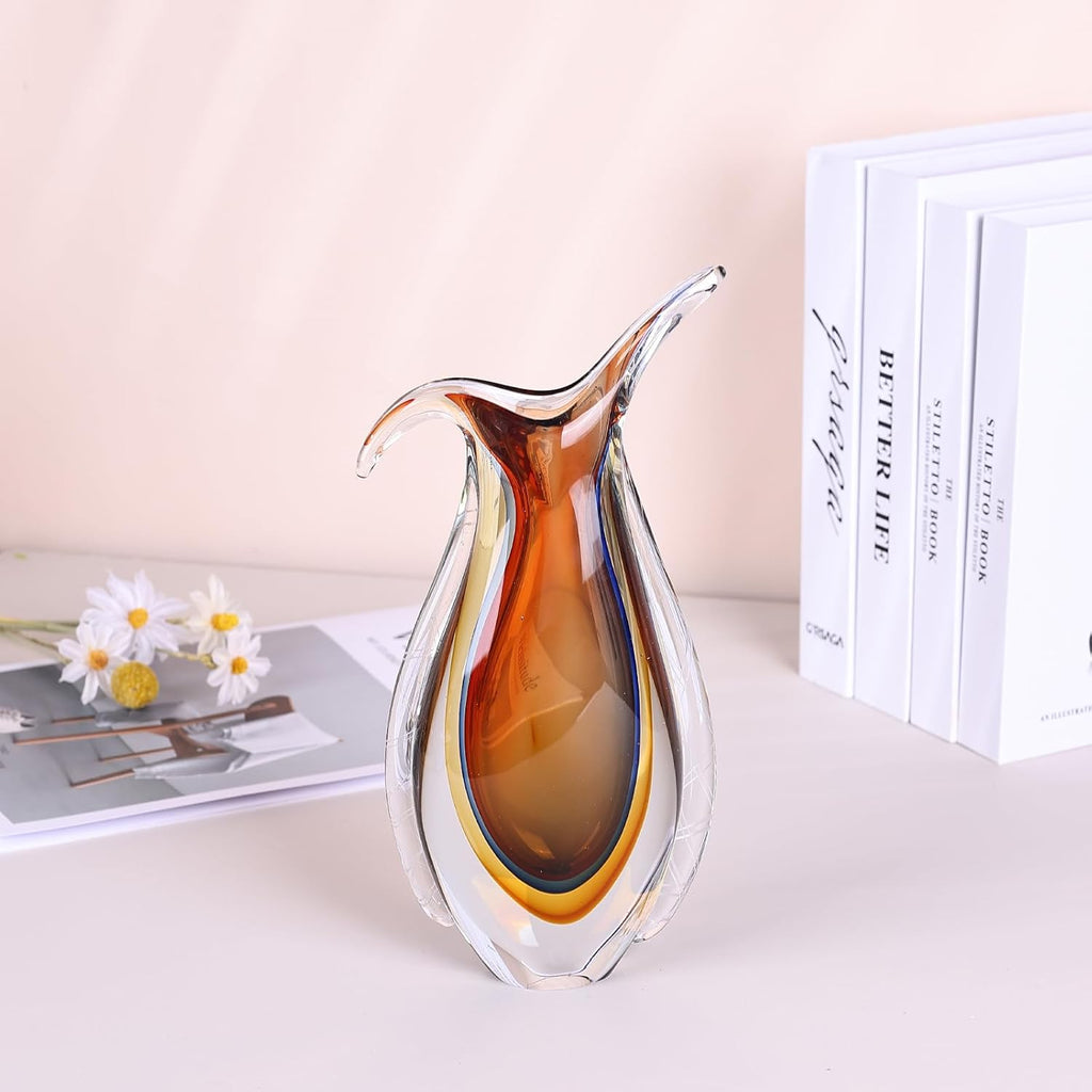 Hand Blown Glass Vase for Centerpiece, Murano Style Table Decoration, Orange Blown Art Glass Ellipse Flower Vase