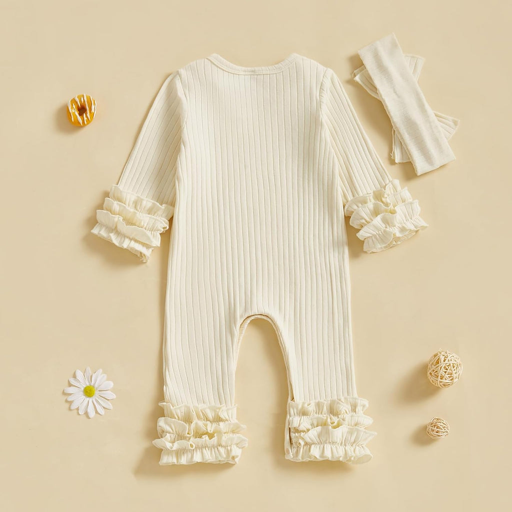 Newborn Girl Outfits Infant Baby Clothes Set Ribbed Knit Romper Headband Ruffle Long Sleeve Solid Bodysuit Jumpsuit