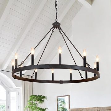 Black Wagon Wheel Chandelier 38 inch, 12-Light Black Round Industrial Farmhouse Chandeliers for High Ceilings Dining