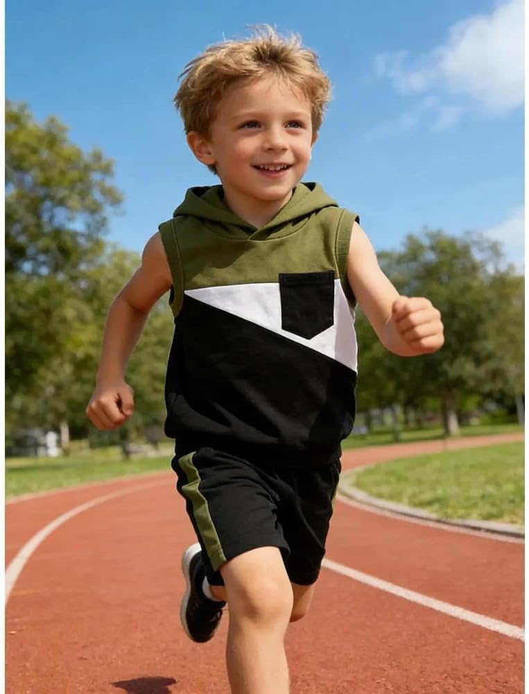 Toddler Boy's 2 Piece Outfits Color Block Sleeveless Hoodie Tank Tops & Shorts Set Boys Summer Clothes