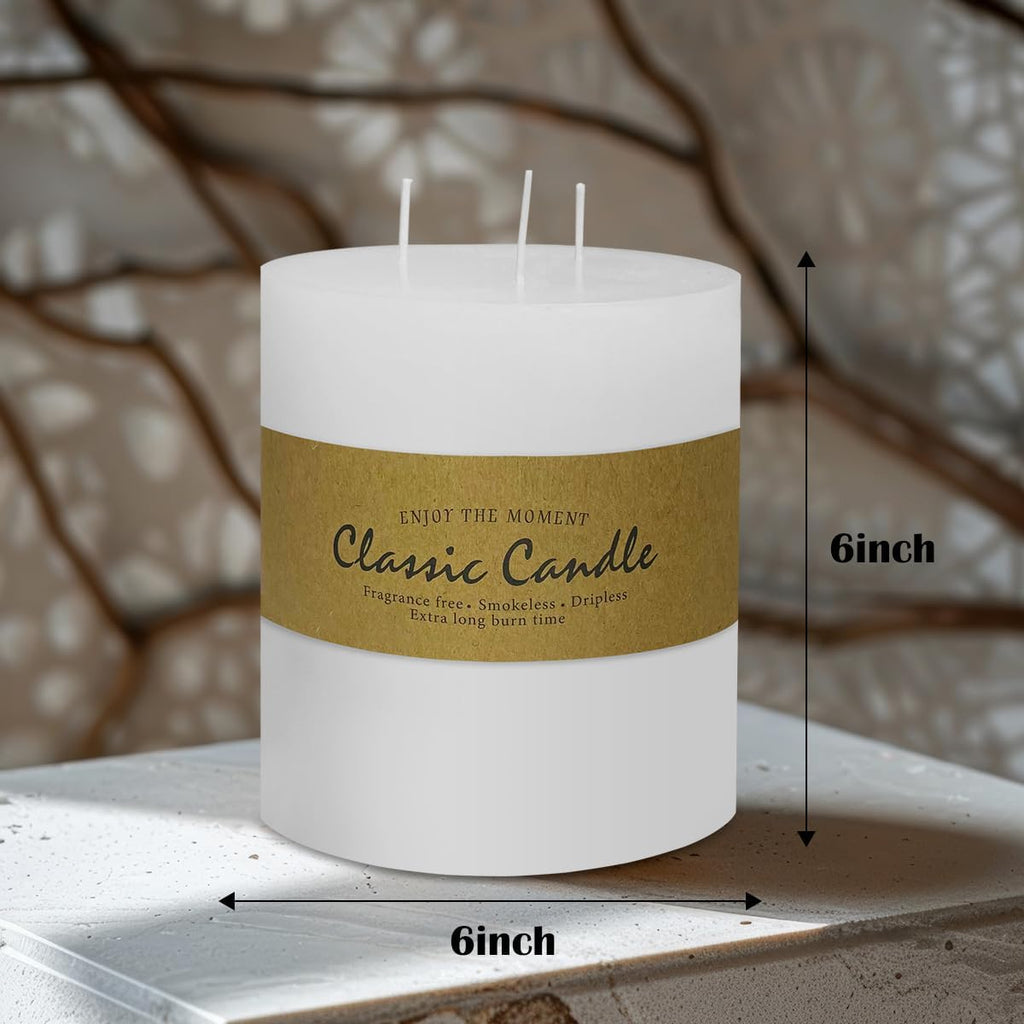 3 Wick White Extra Large Pillar Candle, 6" x 6", Unscented, Dripless, Smokeless, and Clean-Burning. Approx. 120 Hours