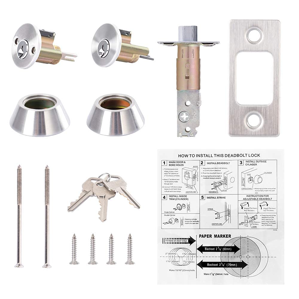 Double keyed Deadbolt Lock - Keyed on Both Sides, 2-Way Adjustable Cylinder Deadbolt (Privacy/Passage), Satin