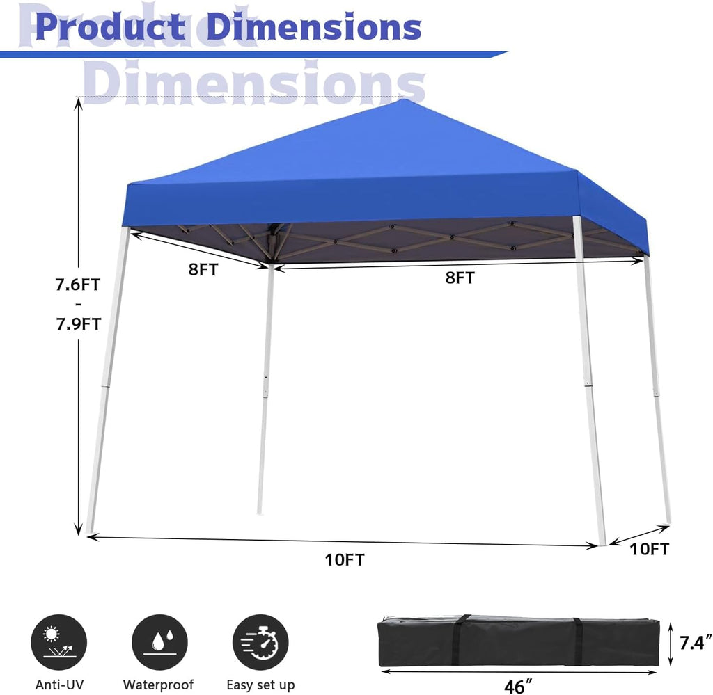 10x10FT Slant Leg Pop Up Canopy Tent, Portable Outdoor Shelter with Carrying Bag-10x10 Base 8x8 Top (Blue)