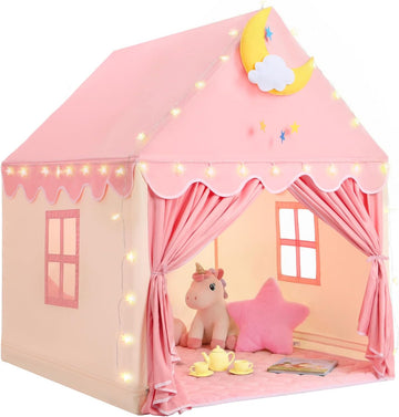 Kids Tent for Grils Indoor: with Mat, Star Lights - Pink Play Tents for Kids Indoor Playhouse - Princess Tent