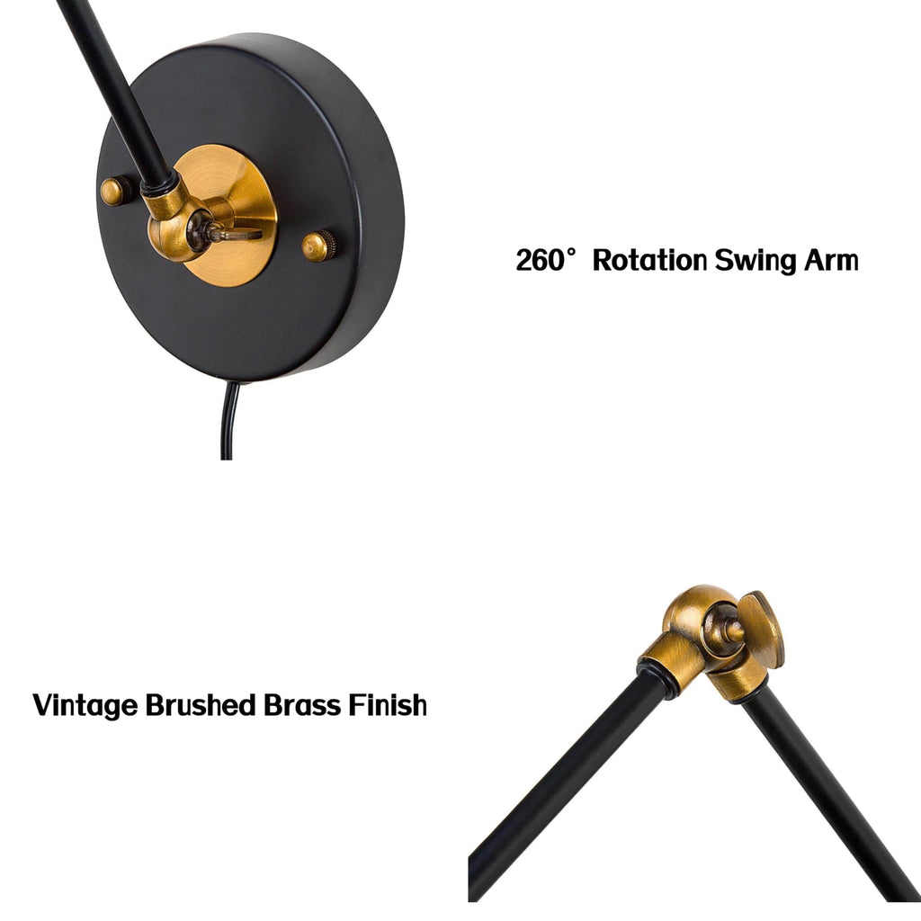 Black Wall Sconces Lighting, 2 Pack Modern Industrial Swing Arm Plug in or Hardwired Adjustable Wall Lamp
