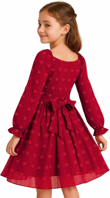Girls Long Sleeve Princess Party Dress-Bow Tie Tulle Skirt Kids Holiday Birthday Wedding Outfit