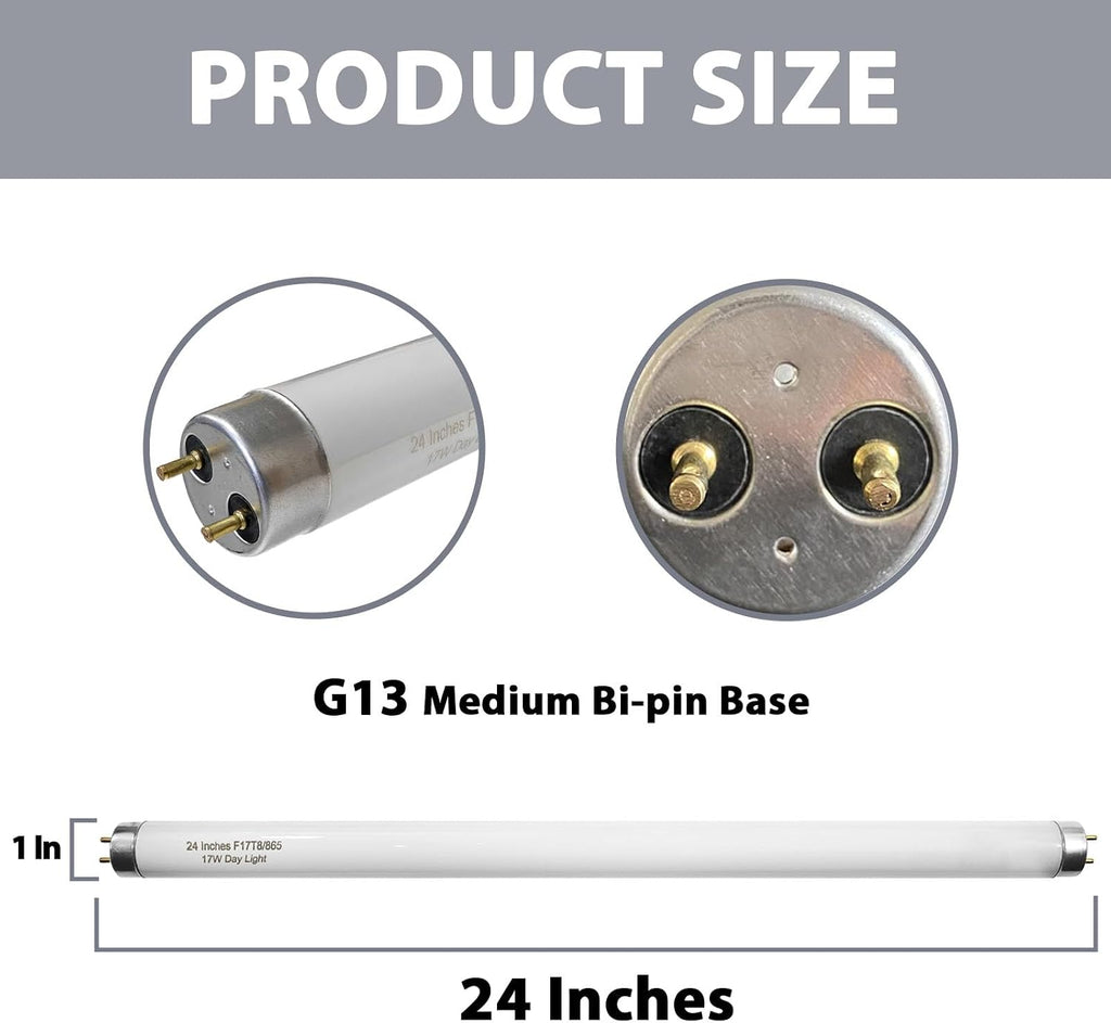 24 Inch F17T8/865 Fluorescent Bulb Daylight 6500K, 17 Watt T8 Light Bulb, 2 Foot Fluorescent Light Bulb, 1460 lumens