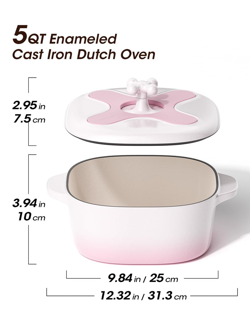 5 Quart Pink Dutch Oven Pot with Lid, Enameled Cast Iron, Rounded Square