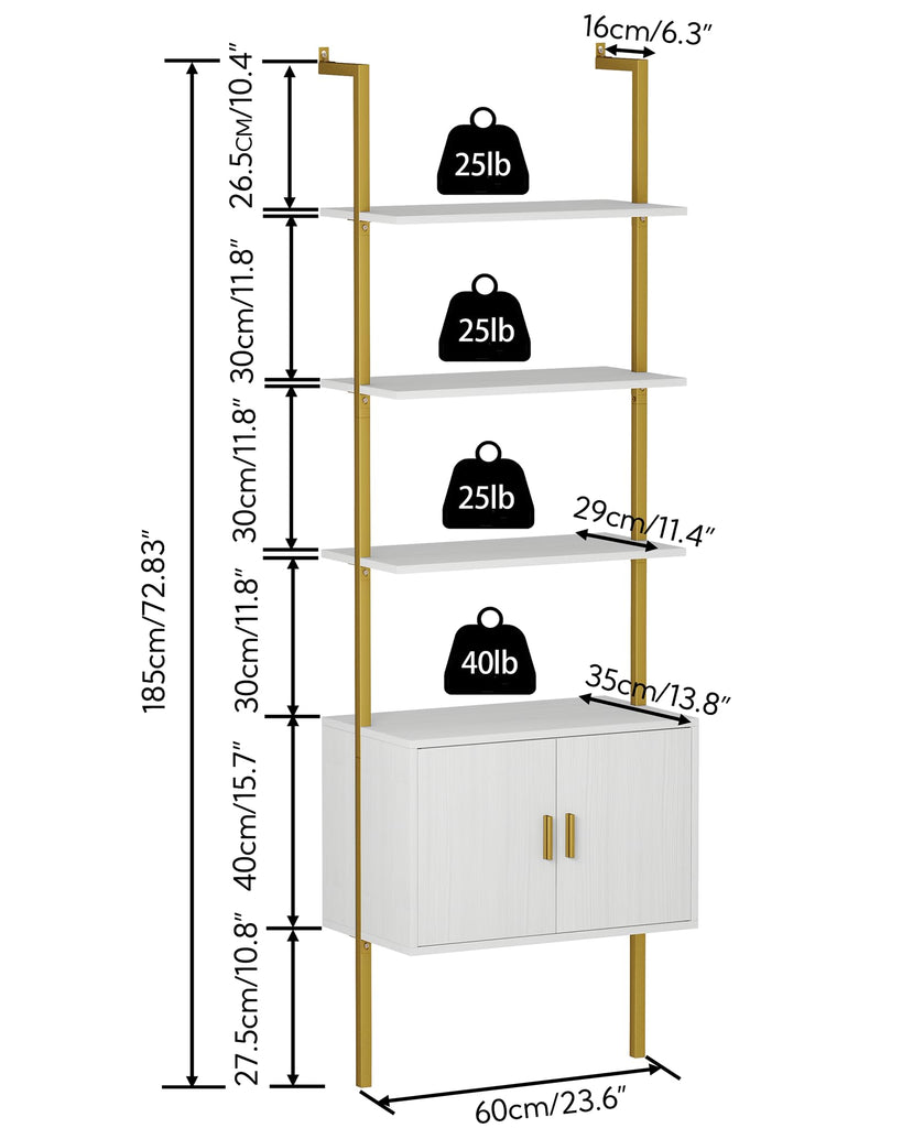 73" Tall Bookshelf with Cabinet, Industrial Ladder Wall Mount Shelf Bookcase with Wood and Metal Frame, Plant Shelf