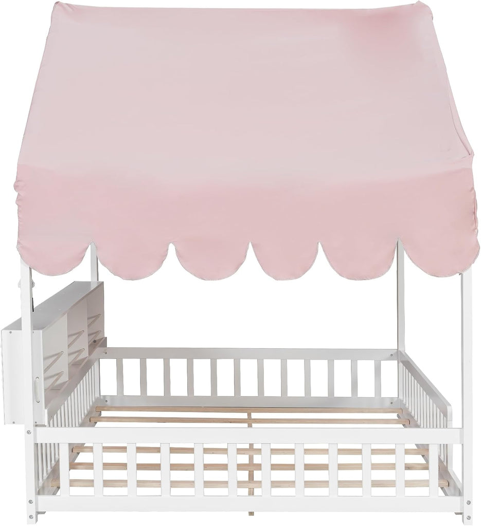 House Floor Bed with Storage Shelves for Kids, Wooden Montessori Floor Bed with Fence, LED Light, and
