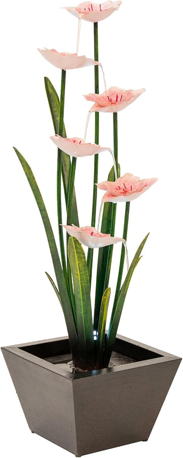 Metal Sculptural Multi-Tiered Flower Water Fountain, Black & White, 39" Tall