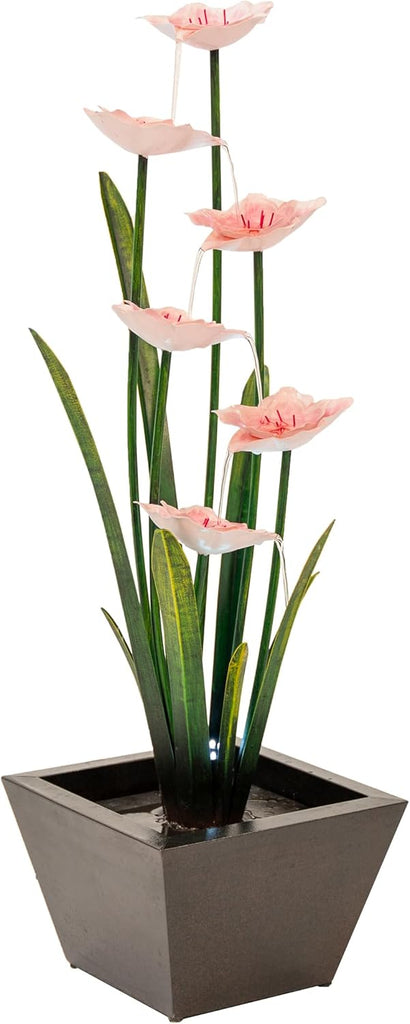 39-Inch Freestanding Sculptural Metal Multi-Tier Flower Water Fountain with LED Lights, Multicolored
