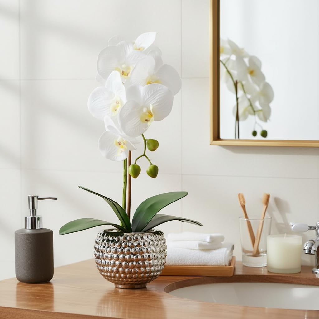 Fake Flowers with Vase, Large Orchids Artificial Flowers in Silver Pot Fake Orchid Fake Plant in Pots Artificial