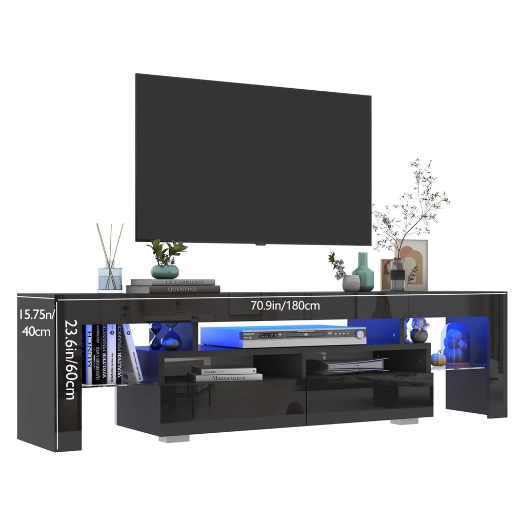 70in LED for 75/80/85 inch TV, Modern Black TV Stands, High Gloss TV Entertainment Center with 2 Large Storage