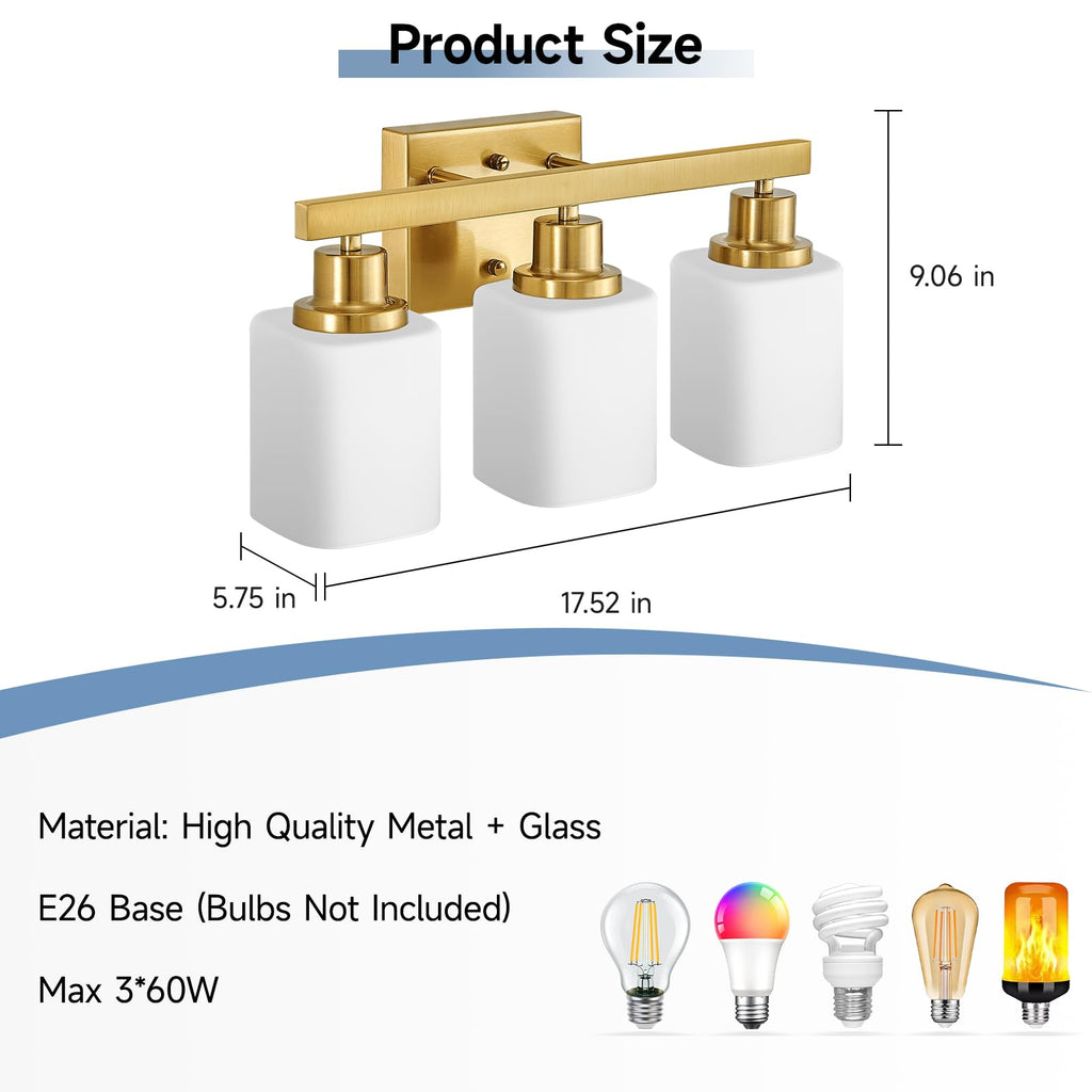 Bathroom Vanity Light, 3-Light Gold Modern Bathroom Light Fixtures with Square Frosted Glass, Gold Wall Lamp Sconces