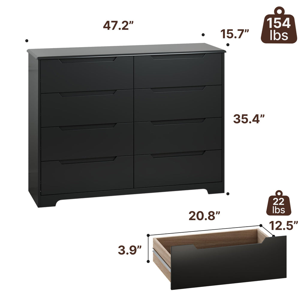 8 Drawer, 47" Wide White, Black