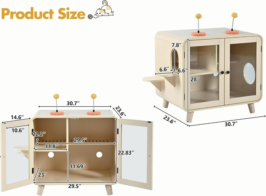 Cat Hidden Litter Box Enclosure with RGB LED Light, TV-Style Cat Litter Box Furniture Cabinet with Glass Doors, Side