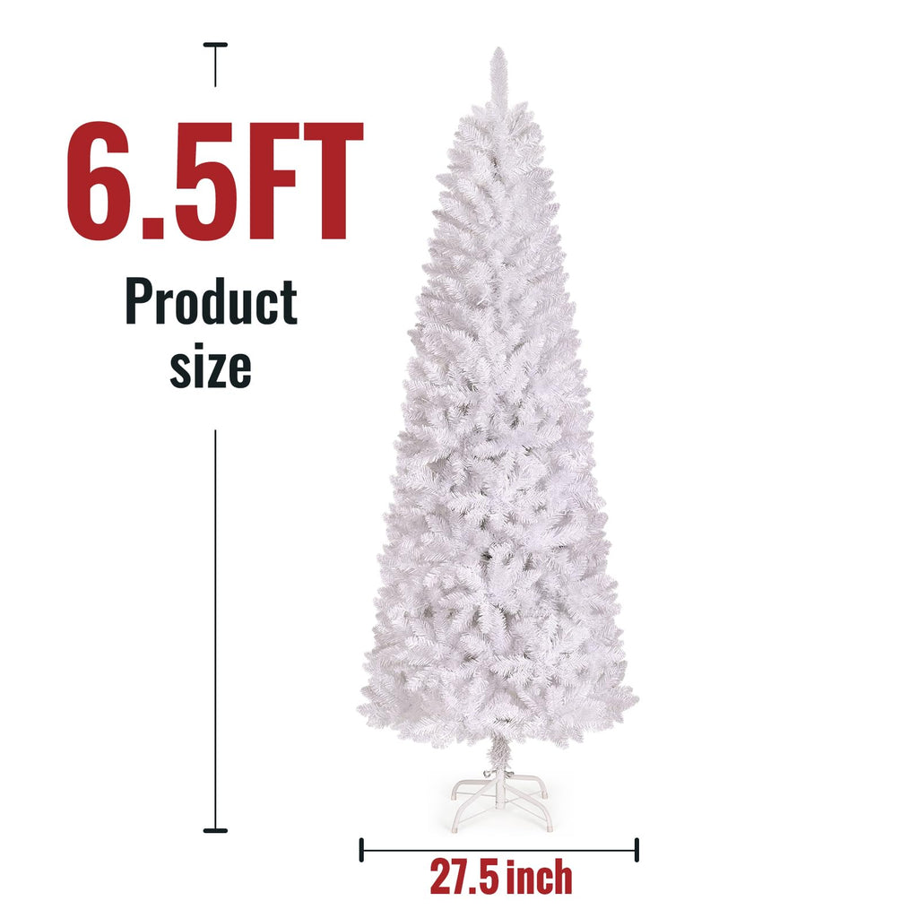 6.5ft White Christmas Tree, Fraser Fir Pencil Artificial Slim Trees Holiday Decor Prelit 250 Warm Lights 714 PVC
