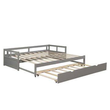 Twin Daybed with Trundle, Twin to King Extendable Day Bed Frame No Box Spring Needed (Grey)