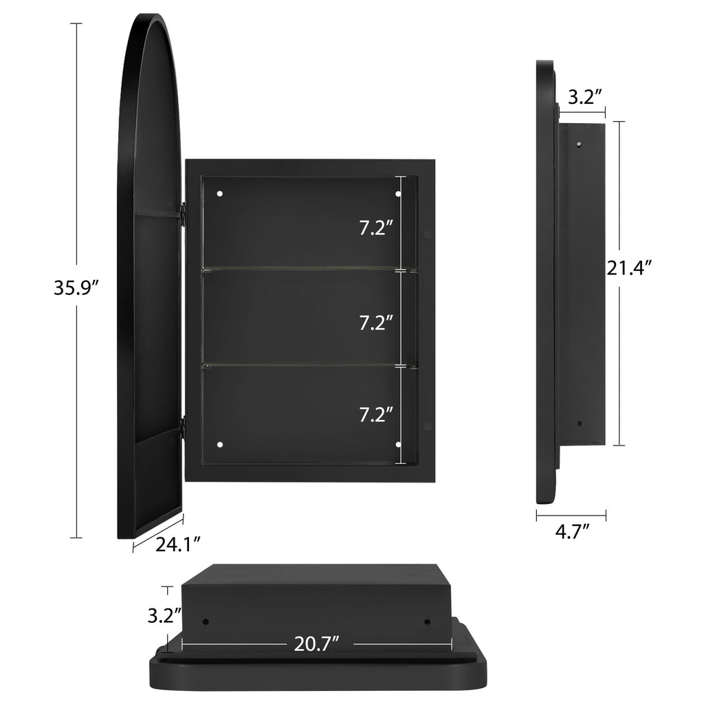 36x24 Inch Arched Bathroom Medicine Cabinet with Mirror Black