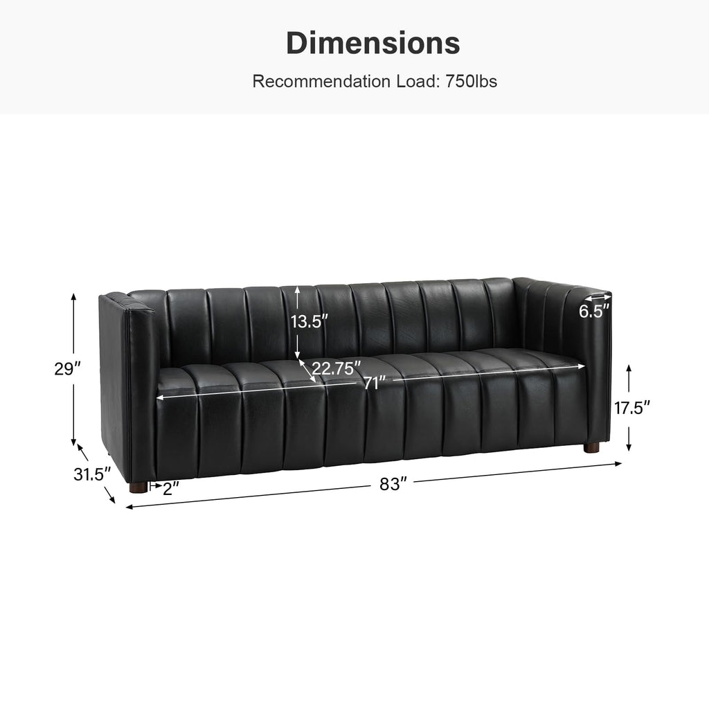 83" Genuine Leather Sofa with Channel Tufted Design, Black