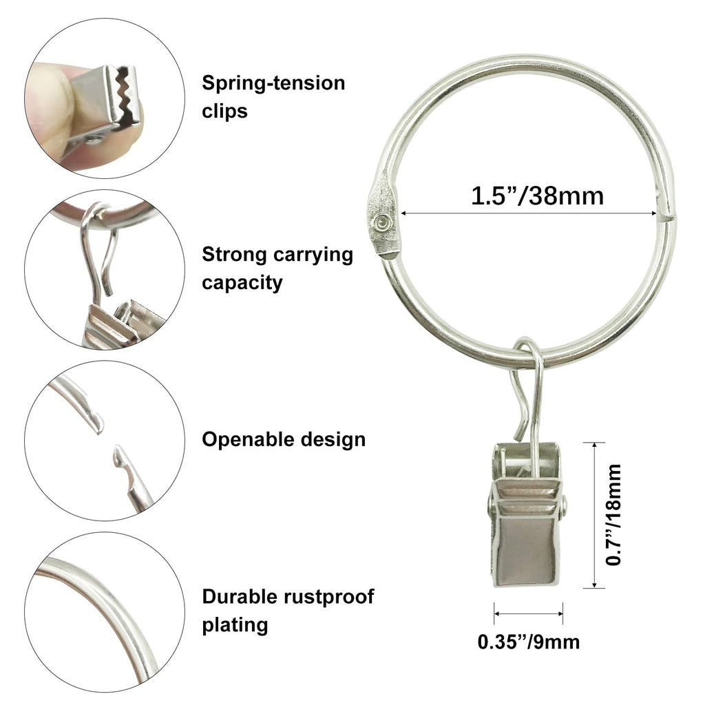 Openable Curtain Rings with Clips 1.5 inch Interior Diameter 24 Pack Rustproof Metal Hangers Ring Decorative Drapery
