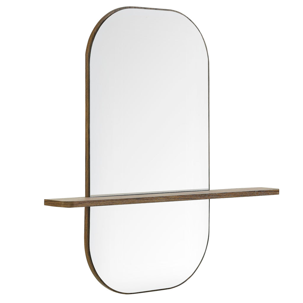 Solstice Oversized Wall Mounted Oval Mirror with Shelf in Walnut - Modern Decorative Accent Mirror, or Bathroom