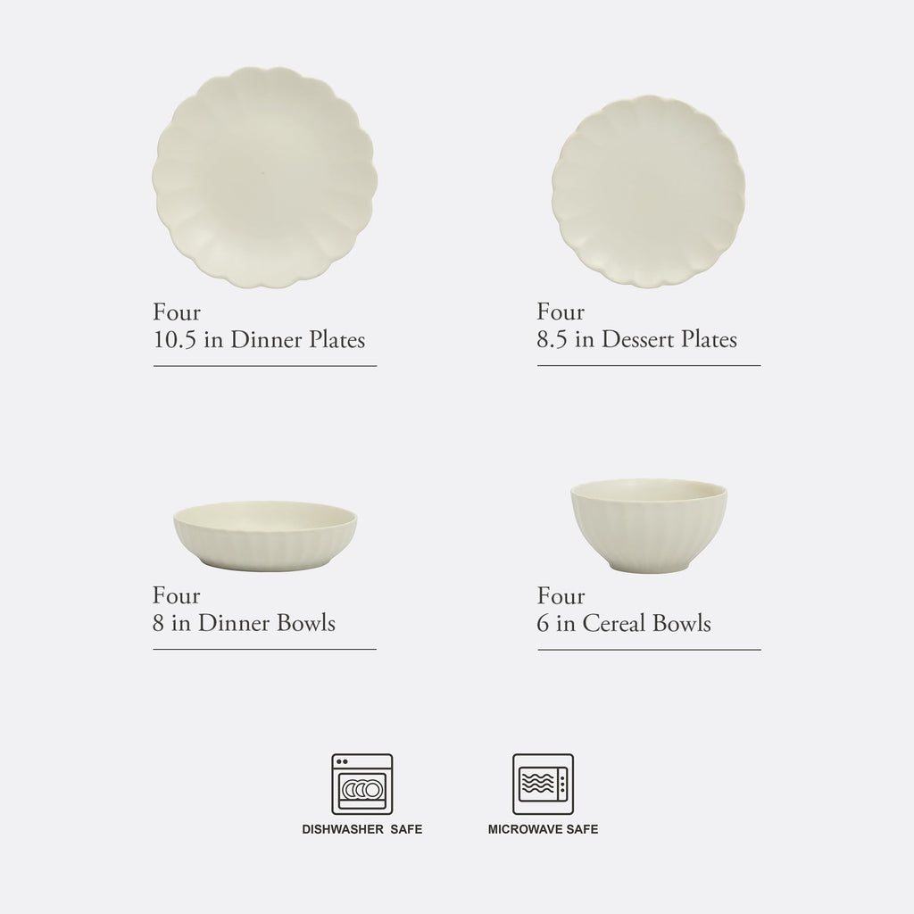 Malibu Shore 16 Piece Scalloped Edge Stoneware Matte Reactive Glaze (Service for 4) Ceramic Plates and Bowls