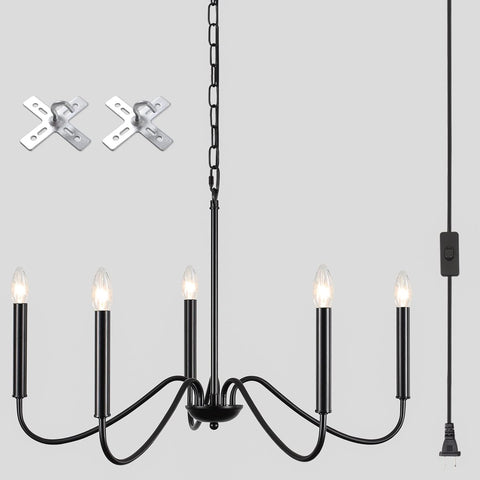 Black Plug in Chandelier Lighting with Long Cord, 5 Light Farmhouse Plug in Hanging Light Fixture for Dining Room