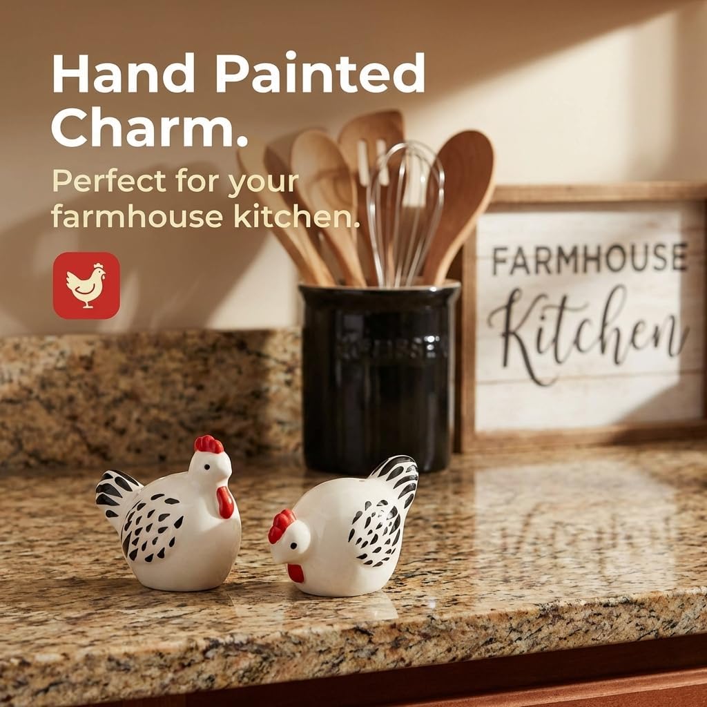 Cute Ceramic Farmhouse Salt & Pepper Shaker Set- Farm Chickens (Chickens) - Set of 2