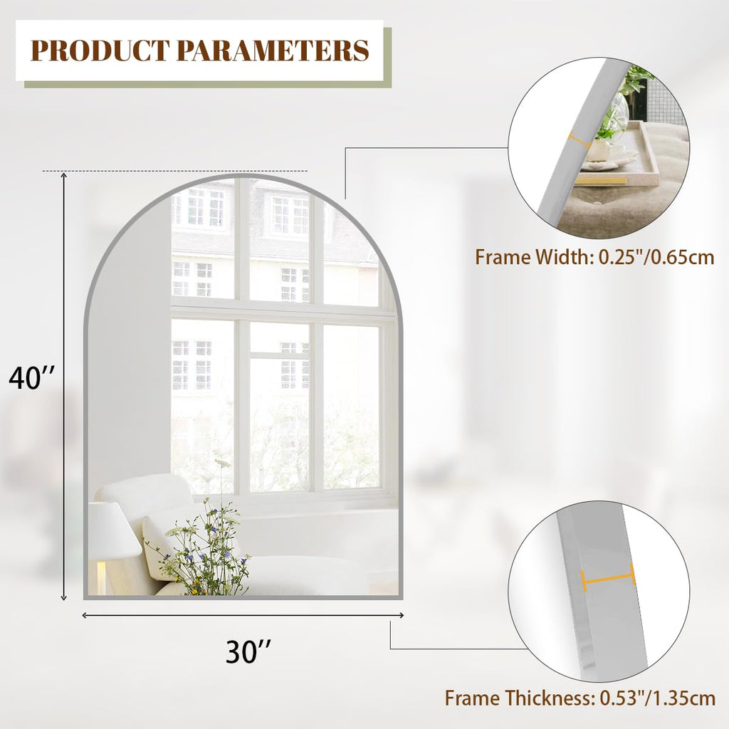 30"x40" Arch Bathroom Wall Mirror, Silver