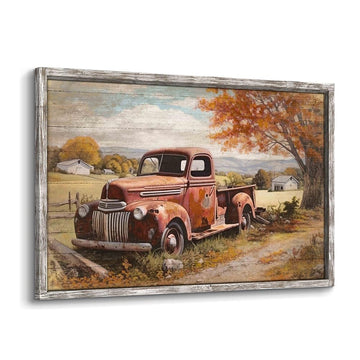 Red Truck Wood Wall Art: Framed Rustic Car Picture Large Print Farmhouse Artwork Orange Fall Landscape Country
