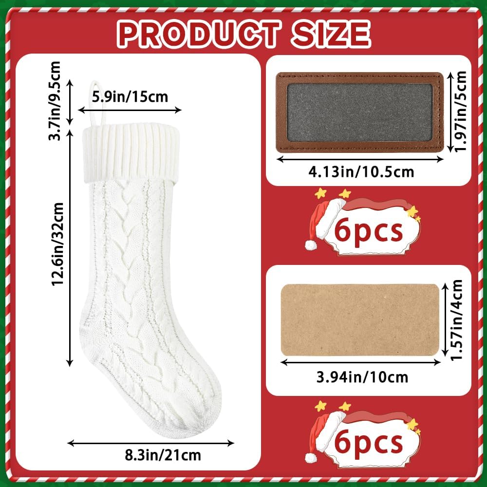 Christmas Stockings, 18inch Large White Cable Knitted Stocking Personalized Xmas Hanging Stocking with Leather - Set of 6