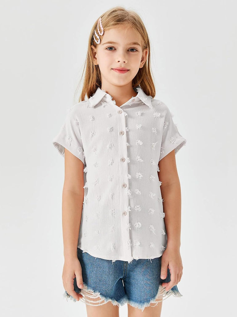 Girls Button Down Shirts Short Sleeve Kids Casual Chiffon Blouse Summer Tops T-Shirt