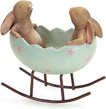 Laughing Bunny Rabbits Rocking in an Easter Egg Cradle Spring Easter Decoration Vintage Rustic Country Bunnies Rabbit - Set of 2