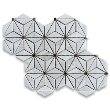 Carrara White Marble 1.5x2.5 Rhombus Triangle Geometric Mosaic Tile w/Round Brass Dots Polished Kitchen Bath Wall