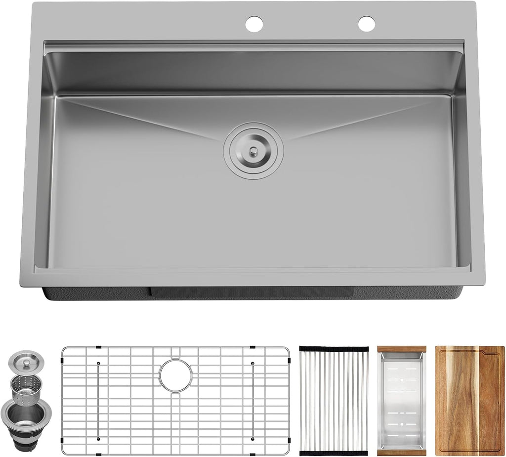 33x22 Drop In Workstation Kitchen Sink with Accessories | 16 Gauge Stainless Steel, Single Bowl, Round Corner