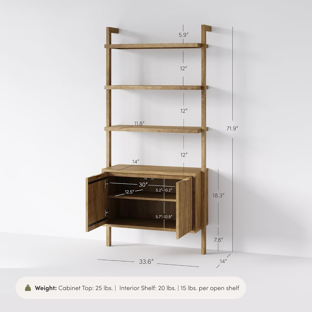 Jasper 3-Shelf Solid Wood Boho Bookshelf, Wall Mounted Bookshelf with Cabinet with Fluted Doors, Light Brown