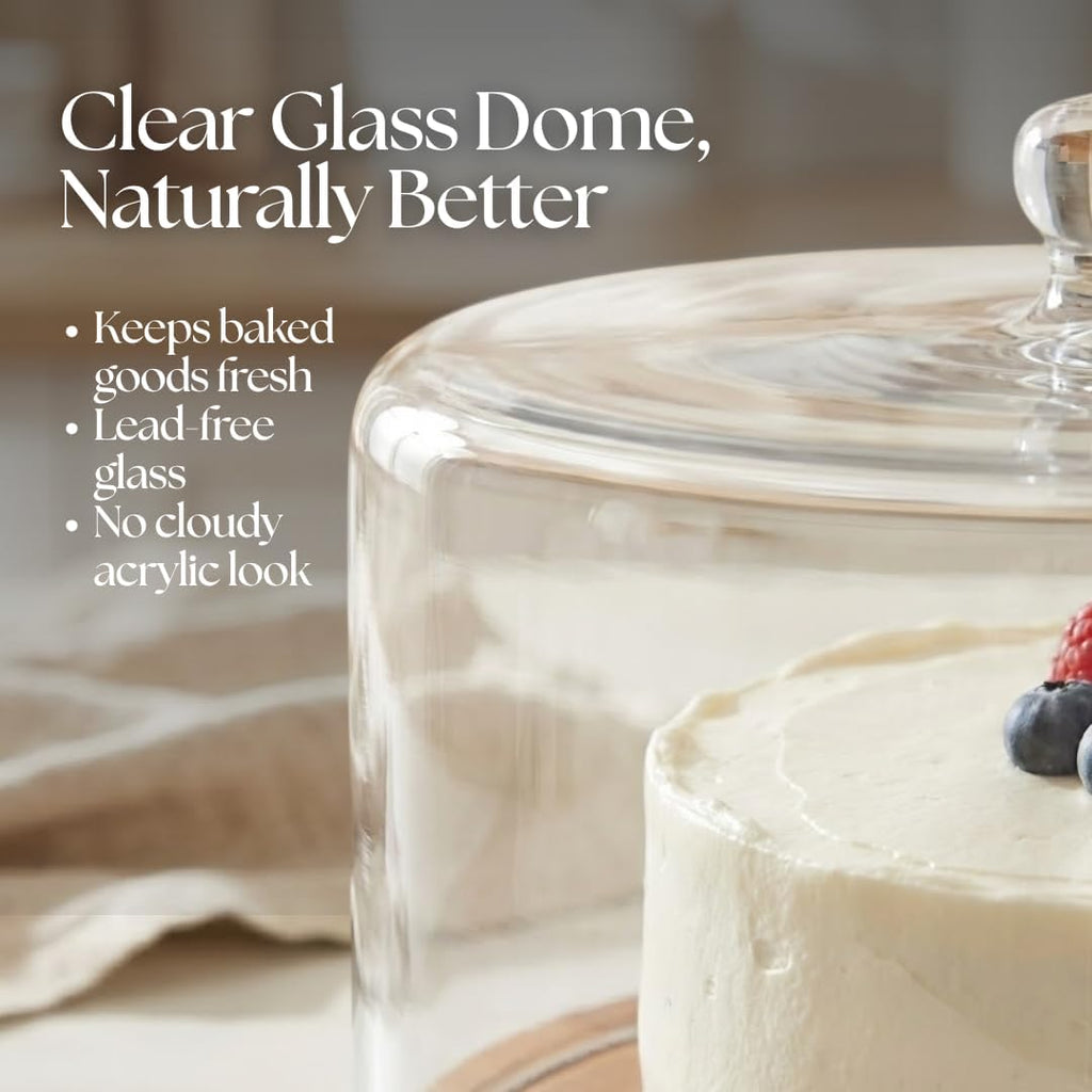 Acacia Wood Cake Stand with Glass Dome Lid & Reversible Serving Board Set