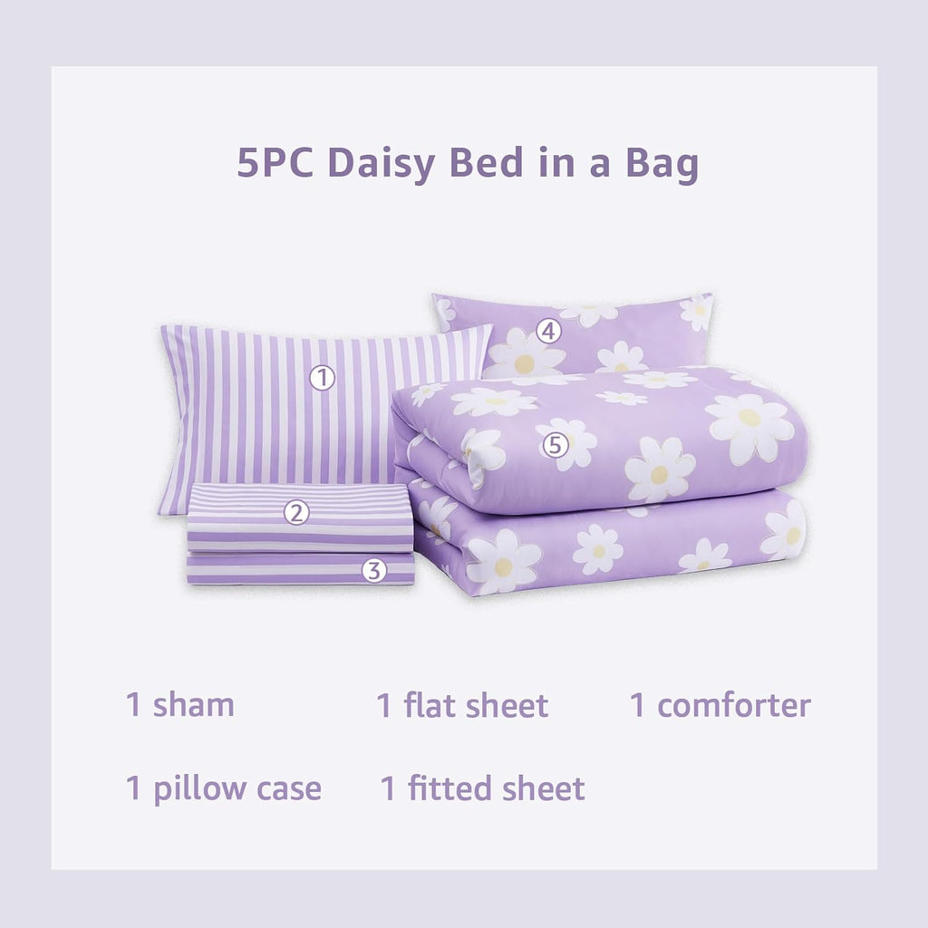 Twin XL Comforter Set for Girls, Daisy Kids Bedding Set Reversible with Cute Floral, All Season Bed in a Bag Dorm 5