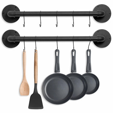 Pot Pan Rack Wall Mounted Set of 2, 21" Industrial Pipe Utensils Hanger Holder Pots Storage Organizer Iron Detachable