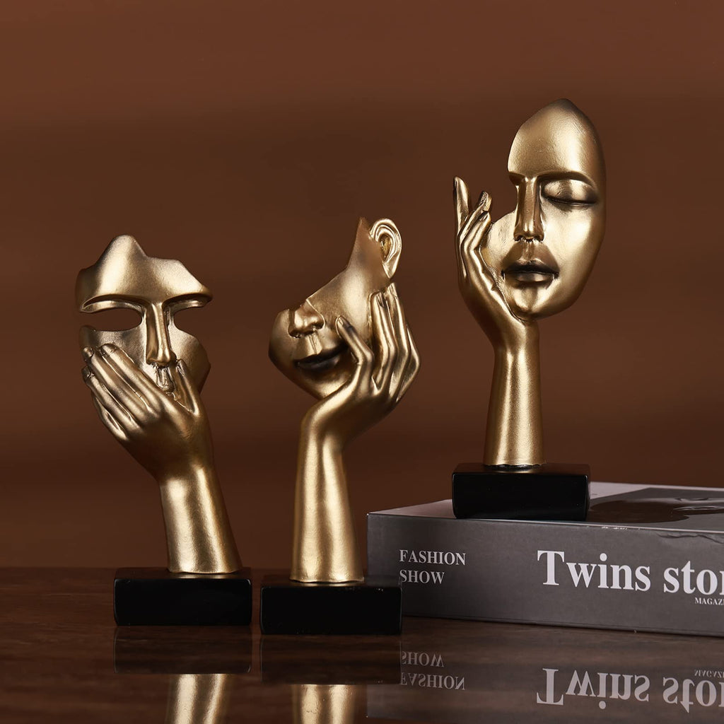 3 Pcs Thinker Small Statue Set - Black Gold Home Decor Abstract Art Figurines for Shelves, Living Room Coffee Table