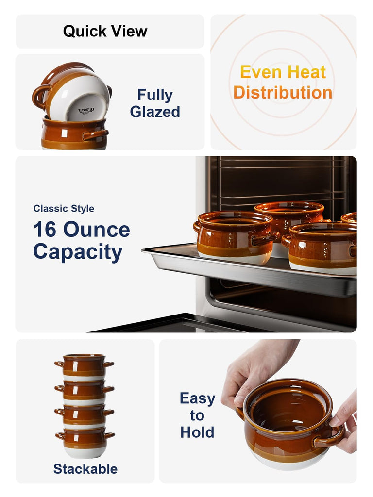 Ceramic French Onion Soup Bowls with Handles, 16 oz, Set of 4
